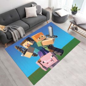Tapis Minecraft – Steve avec un cochon (chambre d’enfant)