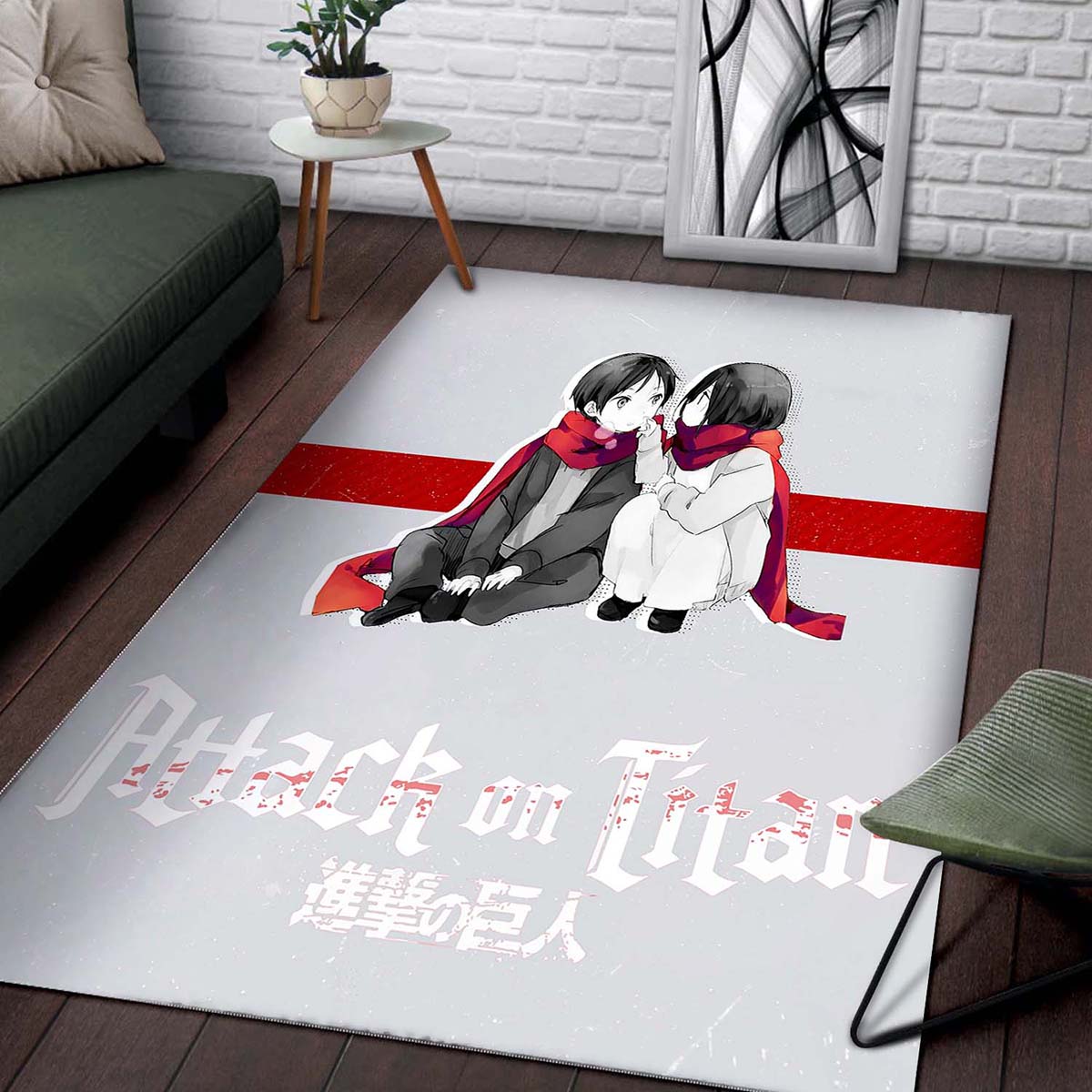 Tapis Attack On Titan Anime - Chibi Mikasa And Eren Couple Love Wearing Red Scarf – Image 2