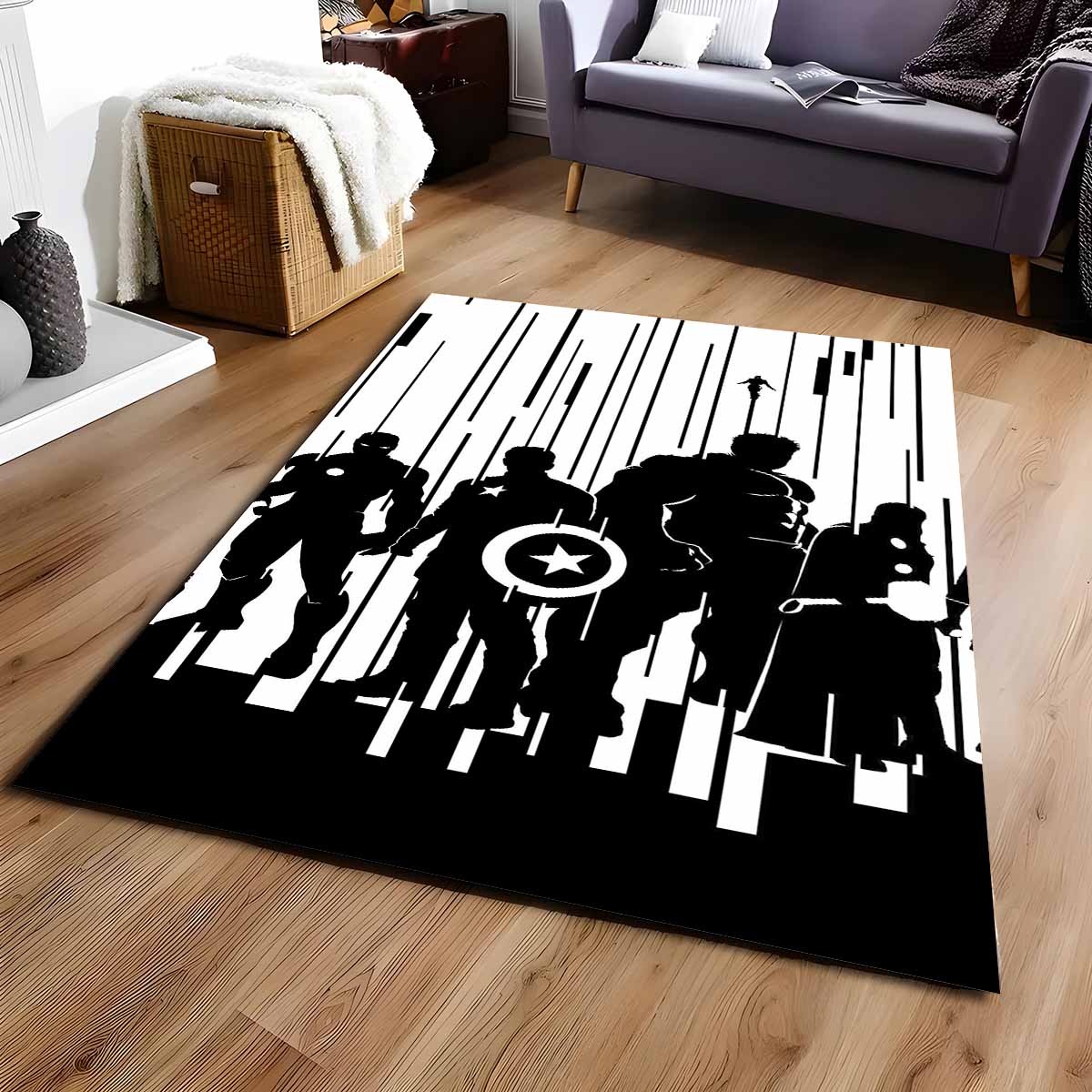 Tapis noir et blanc Avengers Marvel